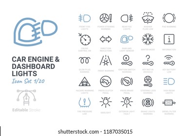 Car Engine and Dashboard Lights icon set