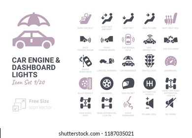 Car Engine and Dashboard Lights icon set