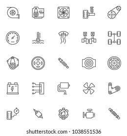 Car engine elements outline icons set. linear style symbols collection, line signs pack. vector graphics. Set includes icons as turbine, Radiator fan, suspension, belt, Speedometer, Shock absorber