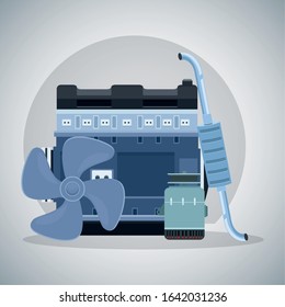 car engine with exhaust, alternator and propeller over gray background, colorful design, vector illustration