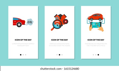 Car engine flat vector icon set. Magnifying glass near engine, hands holding tablet and checking car isolated outline sign pack. Car concept. Vector illustration symbol elements for web design