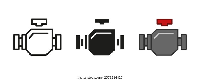 Car engine icon. Check engine symbol. Machine motor vector illustration. Mechanic element sign. Vehicle part pictogram. Automobile maintenance isolated outline, line, black and colored concept.