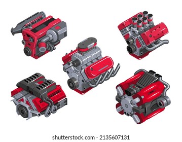 Car engine in isometry. Set of engines of different levels on white background. Detailed 3d engine in cartoon style. Tuned engine. EPS 10 vector illustration