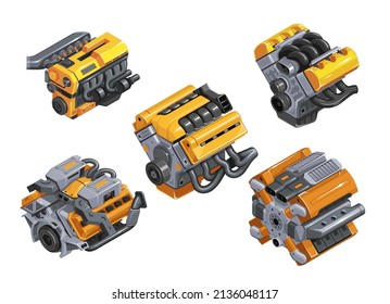Car engine in isometry. Set of engines of different levels on white background. Detailed 3d engine in cartoon style. Tuned engine. EPS 10 vector illustration