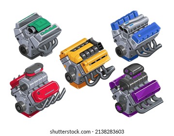 Car Engine In Isometry. Set Of Engines Of Different Levels On White Background. Detailed 3d Engine In Cartoon Style. Tuned Engine. EPS 10 Vector Illustration