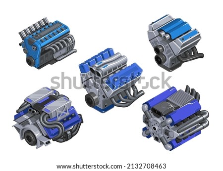Car engine in isometry. Set of engines of different levels on white background. Detailed 3d engine in cartoon style. Tuned engine. EPS 10 vector illustration Imagine de stoc © 