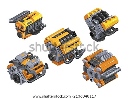 Car engine in isometry. Set of engines of different levels on white background. Detailed 3d engine in cartoon style. Tuned engine. EPS 10 vector illustration Imagine de stoc © 