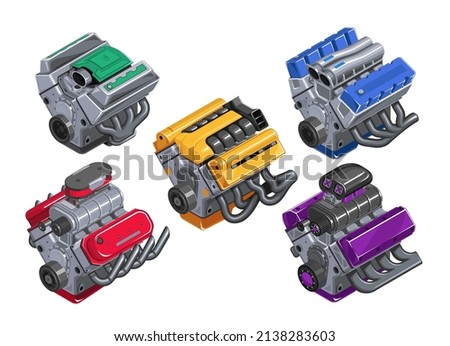 Car engine in isometry. Set of engines of different levels on white background. Detailed 3d engine in cartoon style. Tuned engine. EPS 10 vector illustration Imagine de stoc © 