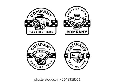 motor de motor de carro com inline, v8, boxer, tipo rotativo ilustração vetor emblema logotipo definido para automotivo, corrida, garagem, oficina, veículo, serviço, reparação