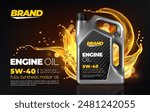 Car engine motor oil, 3d lubricant splash and bottle vector banner. Realistic plastic black can of auto engine or vehicle motor oil with golden yellow splash, swirl and drops of synthetic lubricant