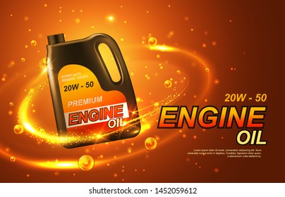 Car Engine Oil, Automobile Motor Lubricant Poster. Vector Premium Engine Oil Advertisement With Golden Splash,sparkling Drops Around Canister Bottle Of Synthetic Or Mineral Engine Oil. Mixed Media