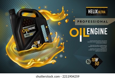 Car engine oil. Motor synthetic fluid splash. Automotive flyer. Auto gear lube. Machine technology lubricant. Realistic gallon canister with golden splatters. Vector poster background