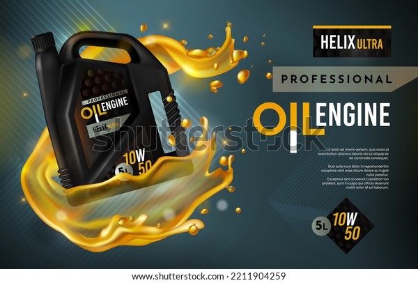 Car\
engine oil. Motor synthetic fluid splash. Automotive flyer. Auto\
gear lube. Machine technology lubricant. Realistic gallon canister\
with golden splatters. Vector poster\
background