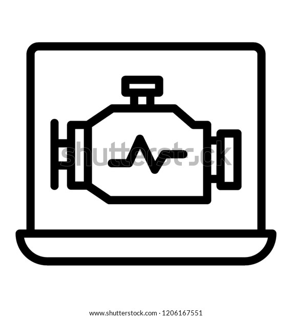 Car engine on laptop screen showing icon for\
online car repair