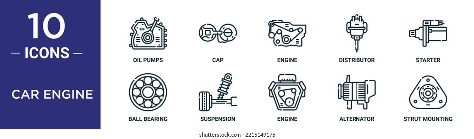 conjunto de iconos de contorno del motor de coche incluye bombas de aceite de línea delgada, capucha, motor, distribuidor, motor de arranque, cojinete de bolas, iconos de suspensión para informe, presentación, diagrama, diseño web