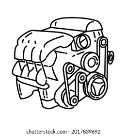 El motor del coche es parte del conjunto de iconos del vector de mano del dispositivo de equipo mecánico.