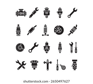 Car Engine Parts and Auto Repair Tools Icons, Black Glyph Set for Vehicle Maintenance