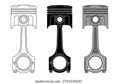 Car Engine Piston and Connecting Rod Vector Illustration Set, Mechanical Engineering Component, Automotive Repair Design Elements, Isolated Flat Icons for Industrial Power and Motor Performance.