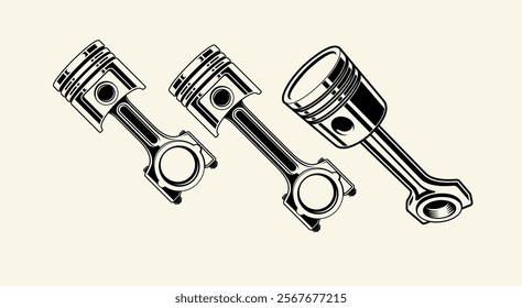 car engine piston, isolated background, Vintage car engine piston template vector image, piston silhouette, triple detailed graphic black car engine piston.  Design element for poster, flyer, card