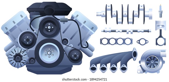 Car engine. pistons, generator, turbocharger. Isolated on a white background. Vector illustration