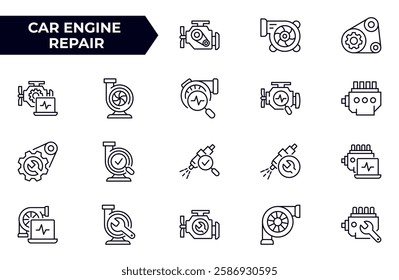 Car engine repair icons set, such as turbo charger diagnostics, fuel injector, turbine, timing belt and more. Vector illustration isolated on white. Editable stroke.