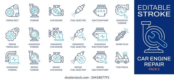 Iconos de reparación de motores de automóviles, tales como diagnóstico del turbocompresor, inyector de combustible, turbina, correa de distribución y más. Ilustración vectorial aislada en blanco. Trazo editable.