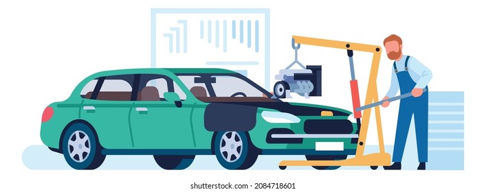 Car engine repair. Service worker disassembling vehicle