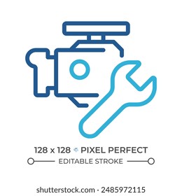Car engine repair two color line icon. Mechanical work and vehicle servicing. Car engine and a wrench bicolor outline symbol. Duotone linear pictogram. Isolated illustration. Editable stroke