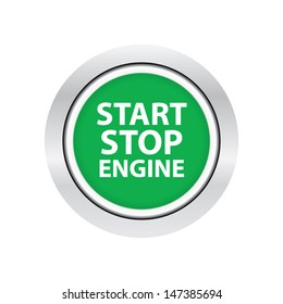 Car Engine Start And Stop Button With Green And Border Metal On White Background, Vector Illustration 