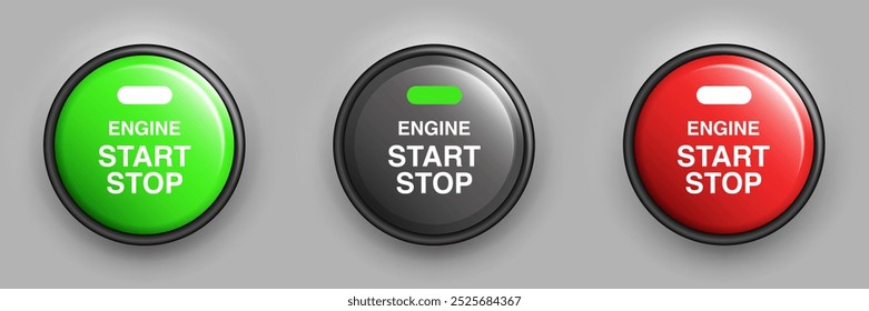 Car Engine Start and Stop Button: Essential Red, Green and Black Switches for Motor Vehicles and Technical Devices. Vector.