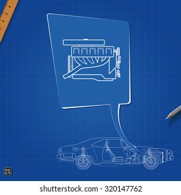 Car engine symbol. Drawing blueprint. 