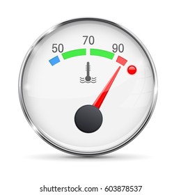 Car engine temperature gauge. Hot. With metal frame. Vector 3d illustration isolated on white background