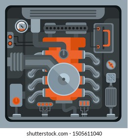 Car engine top view. Vehicle vector illustration. Automobile infographic. Motor detail