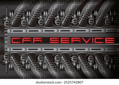 Vetor de motor de carro, reparação de carro, serviço de carro. T-shirt impressão, logotipo, motor, banner, fundo, velocidade, engenharia, autopeças. Imagem vetorial de um motor
