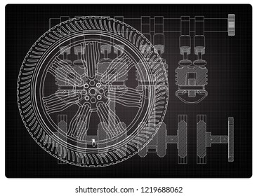 Car engine and wheel on a black background. Drawing