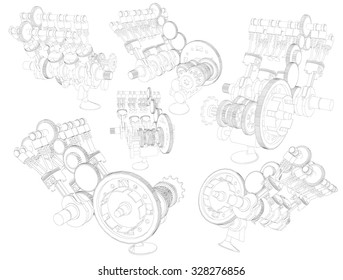 Car Engine. Wireframe 