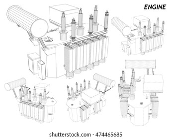 Car Engine. Wireframe