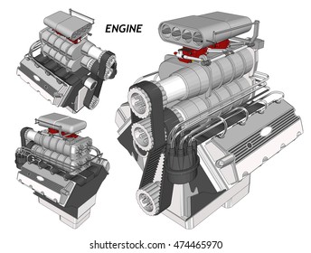 Car Engine. Wireframe