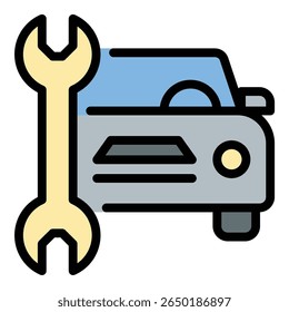 Car engineering icon flat line style illustration representing automotive design and mechanical innovation, suitable for vehicle development, transportation technology, and engineering projects