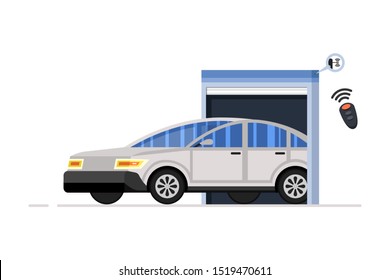 Car entrance to building housing a vehicle. Garage door system. Vector illustration.