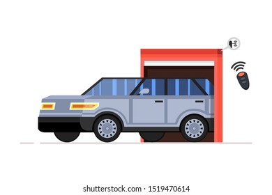 Car entrance to building housing a vehicle. Garage door system. Vector illustration.