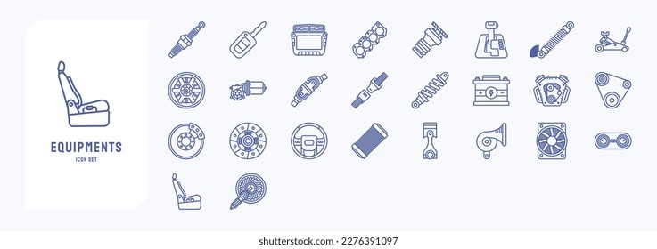 Car Equipment and parts icon set, including icons like Display, seat, car battery and more
