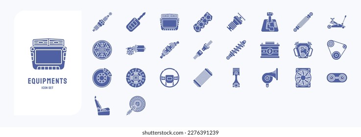 Car Equipment and parts icon set, including icons like Display, seat, car battery and more