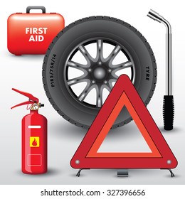 Car Equipment. Warning Triangle, Extinguisher And First Aid Kit. Vector Illustration