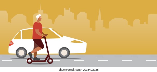 Auto y e-scooter, copiar plantilla de espacio. Ilustración de material vectorial plano. Fondo con lugar para el texto. Concepto de vehículo eléctrico ecológico. E-scooter en la carretera. Gráficos vectoriales