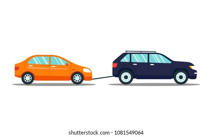 Car evacuating broken or damaged auto isolated on white background. Automobile carrying car to the parking lot. Repair service vector illustration