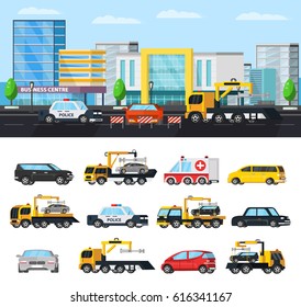 Car evacuation elements concept with tow trucks in different situations police ambulance and  city transport isolated vector illustration