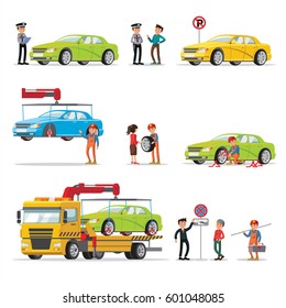 Car evacuation elements set with policeman fined driver for wrong parking and automobile lifting loading transportation on evacuator isolated vector illustration