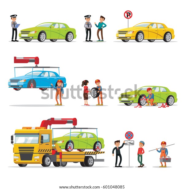 Car evacuation elements set\
with policeman fined driver for wrong parking and automobile\
lifting loading transportation on evacuator isolated vector\
illustration