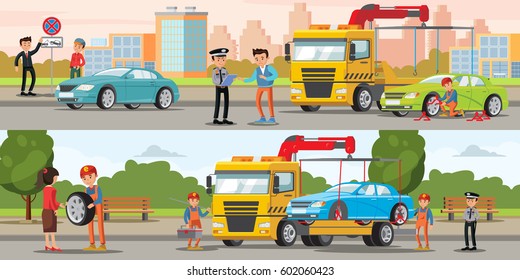 Car evacuation horizontal banners with fine for parking in forbidden place and tow truck evacuating automobile vector illustration